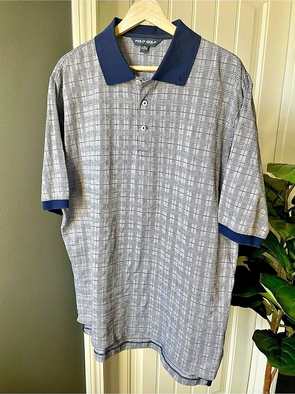 Vtg Polo Golf Ralph Lauren Windowpane Plaid Polo Shirt Gray Navy Cotton Size L